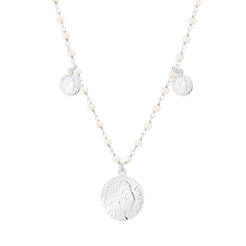 Naszyjnik srebrny z perłami i monetami