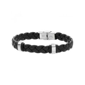 Bransoletka czarna pleciona skórzana stalowa
