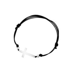 Bransoletka srebrna na czarnym sznurku z krzyżem