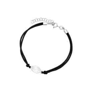 Bransoletka srebrna na czarnym sznurku z listkiem