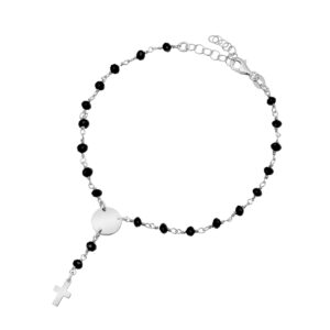 Bransoletka srebrna z czarnymi koralikami- krzyż