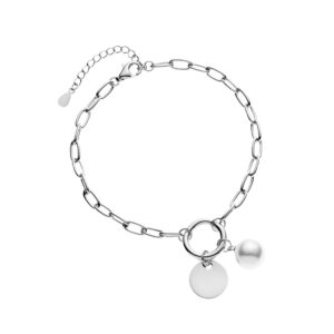 Bransoletka srebrna z perłą i okrągłą blaszką