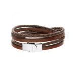 Bransoletka stalowa na brązowym skórzanym pasku