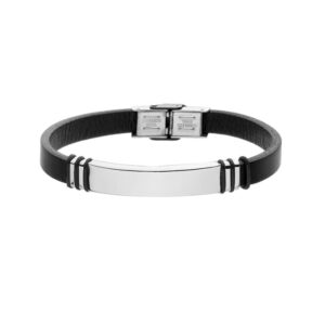 Bransoletka stalowa na czarnym skórzanym pasku