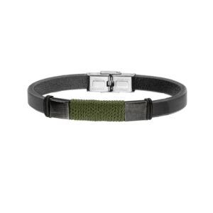 Bransoletka stalowa na czarnym skórzanym pasku