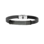 Bransoletka stalowa na czarnym skórzanym pasku