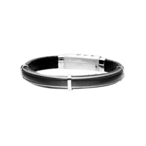 Bransoletka stalowa na czarnym skórzanym pasku