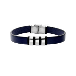 Bransoletka stalowa na granatowym skórzanym pasku