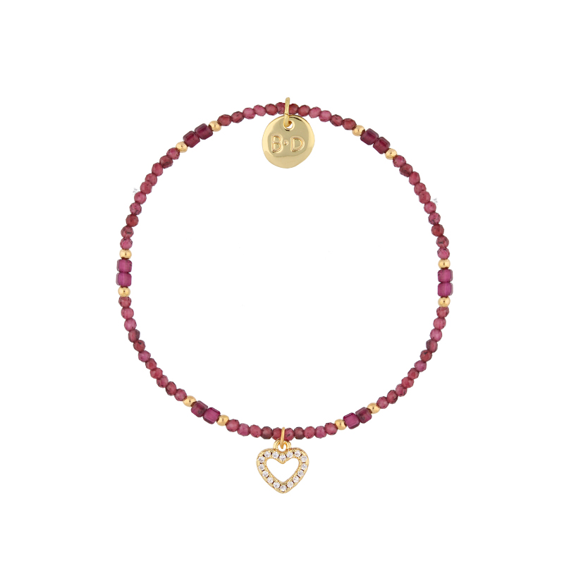 Bransoletka z granatami i serduszkiem z mosiądzu Bransoletka z granatami i serduszkiem z mosiądzu