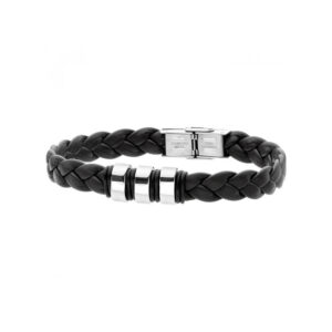 Bransoletka ze stali i plecionej czarnej skóry
