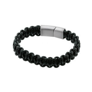 Bransoletka ze stali i plecionej czarnej skóry