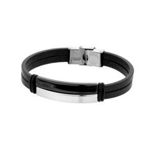 Bransoletka ze stali szlachetnej i czarnej skóry
