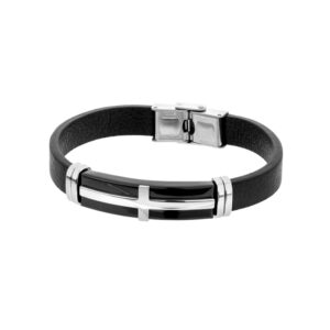 Bransoletka ze stali szlachetnej i czarnej skóry