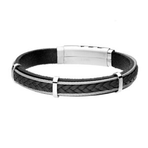 Bransoletka ze stali szlachetnej i czarnej skóry