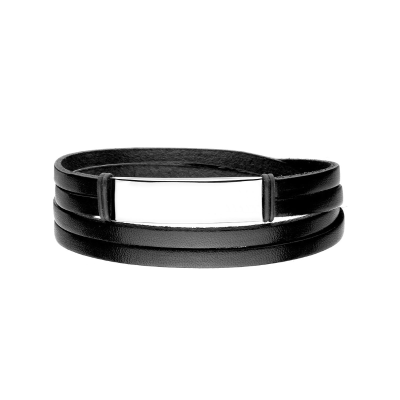 Bransoletka ze stali szlachetnej i czarnej skóry Bransoletka ze stali szlachetnej i czarnej skóry