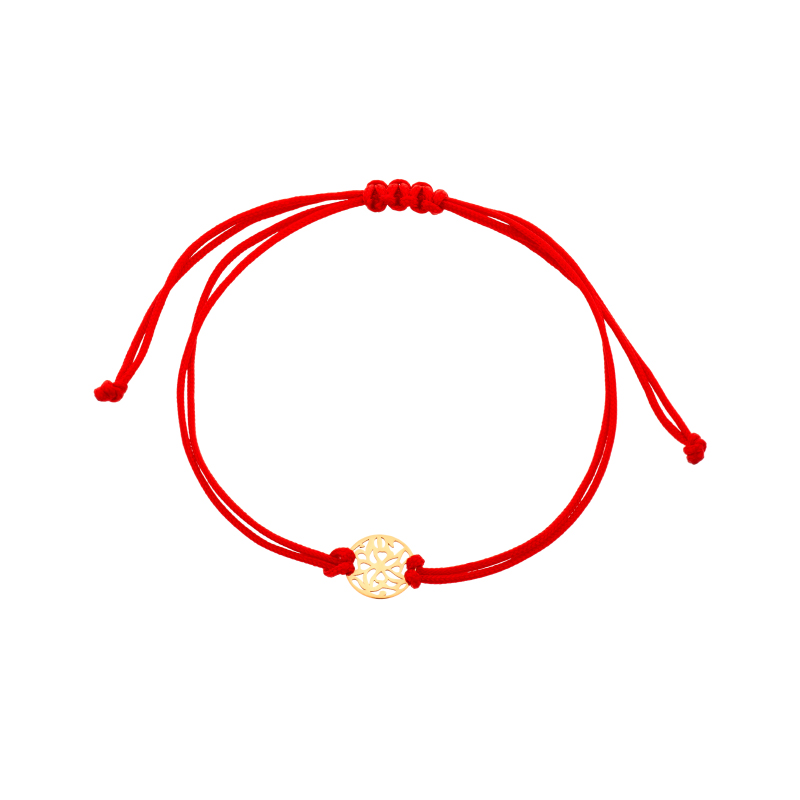 Bransoletka złota ażurowe kółko czerwony sznurek Bransoletka złota ażurowe kółko czerwony sznurek