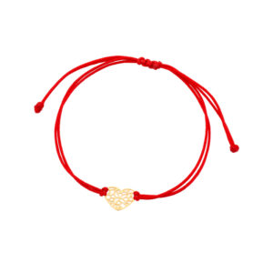 Bransoletka złota ażurowe serce i czerwony sznurek