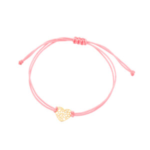 Bransoletka złota ażurowe serce na różowym sznurku