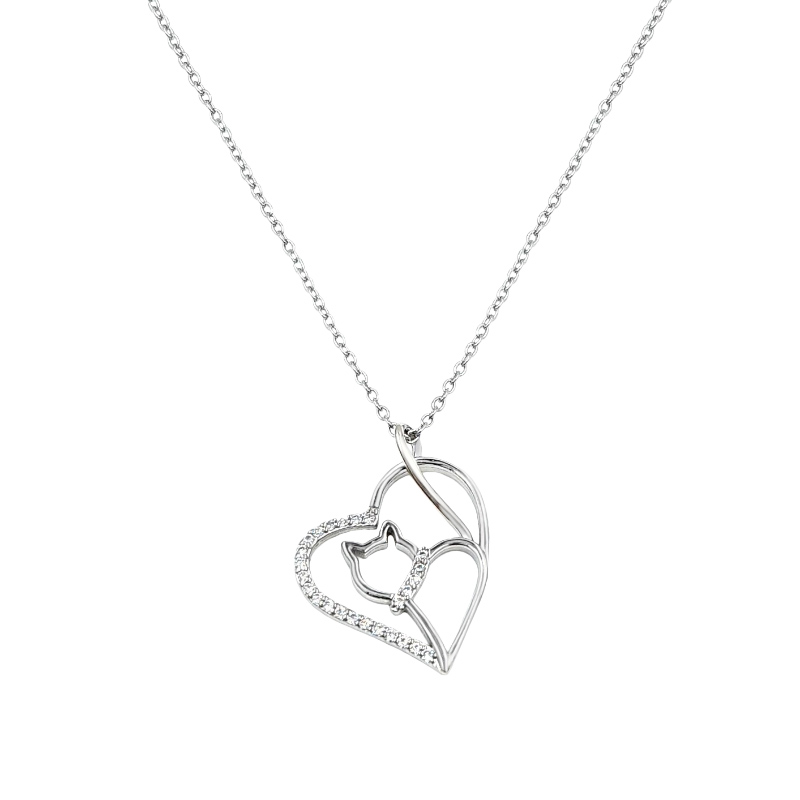 Naszyjnik srebrny kot w serduszku z cyrkoniami Naszyjnik srebrny kot w serduszku z cyrkoniami