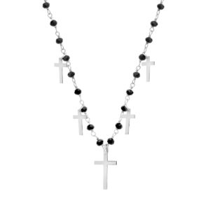 Naszyjnik srebrny z krzyżami i czarnymi koralikami