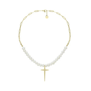 Naszyjnik z perłami i krzyżem ze stali szlachetnej