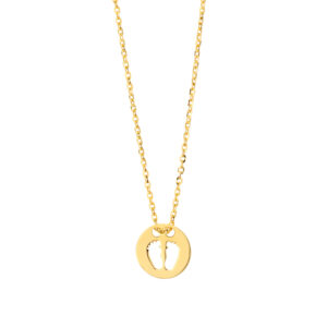 Naszyjnik złoty wycięte stópki na okrągłej blaszce