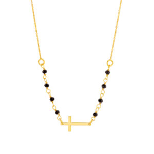 Naszyjnik złoty z czarnymi koralikami i krzyżem