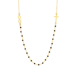 Naszyjnik złoty z czarnymi koralikami z krzyżykiem