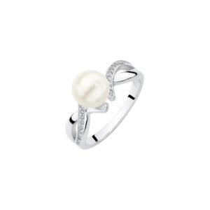 Pierścionek srebrny z cyrkoniami i perłą