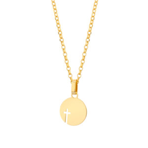 Złoty krzyżyk na okrągłej blaszce