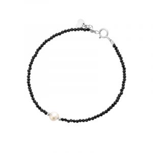 Bransoletka srebrna z czarnych spineli z perłą