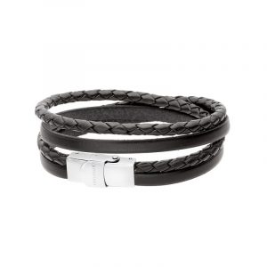 Bransoletka stalowa na czarnym skórzanym pasku