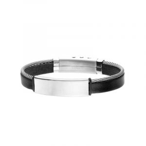 Bransoletka stalowa na czarnym skórzanym pasku