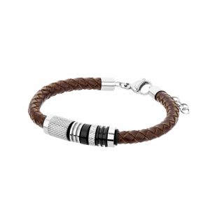 Bransoletka ze stali szlachetnej i brązowej skóry