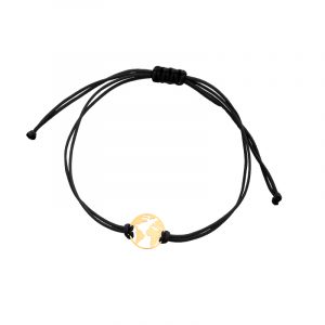 Bransoletka złota, globus, czarny sznurek