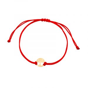 Bransoletka złota z drzewkiem na czerwonym sznurku