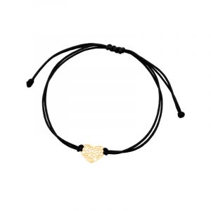 Bransoletka złote serce ażurowe na czarnym sznurku