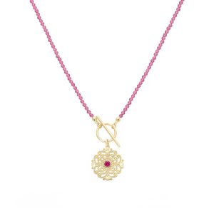 Naszyjnik pozłacany z różowych spineli z zawieszką