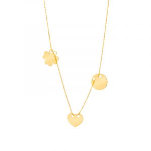 Naszyjnik złoty z koniczyną sercem i kółkiem